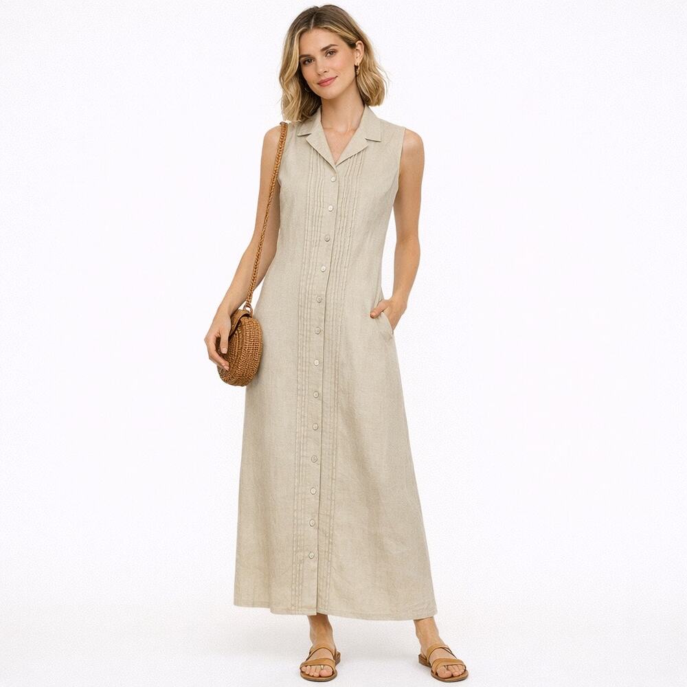 Due per Due 100% Linen Button Front Maxi Dress Pleated Front Beige Size 12/L